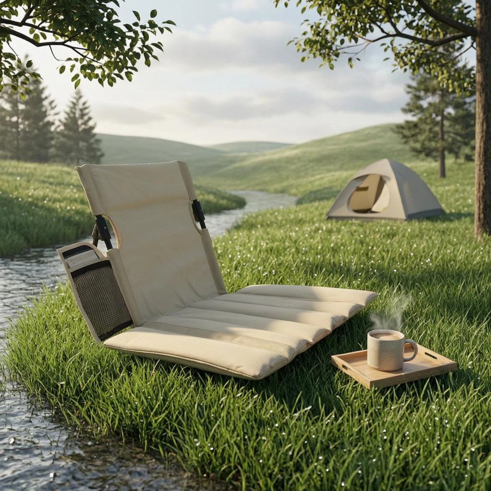 Low-Slung Lawn Chair Oxford Textile Lightweight Folding Lawn Chair Outdoor Seating Mesh Pocket Stitched Paneling view 3