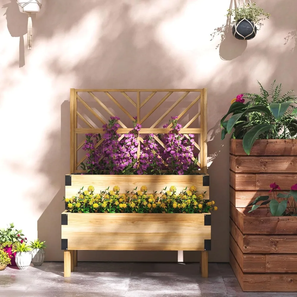 

Raised Garden Bed with Trellis, 2 Tier Wooden Elevated Planter Box with Legs and Metal Corners for Vegetables, Customized