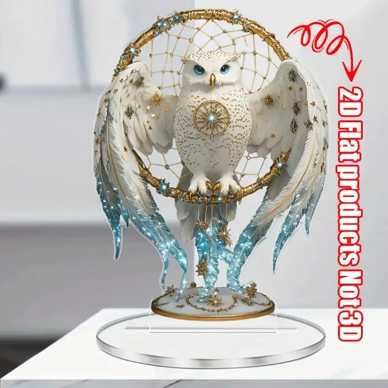 New 2D Flat Acrylic Owl Decor Not 3D Solid Statue Sparkling Crystal Snow Owl Desktop Ornament With Clear Acrylic Stand