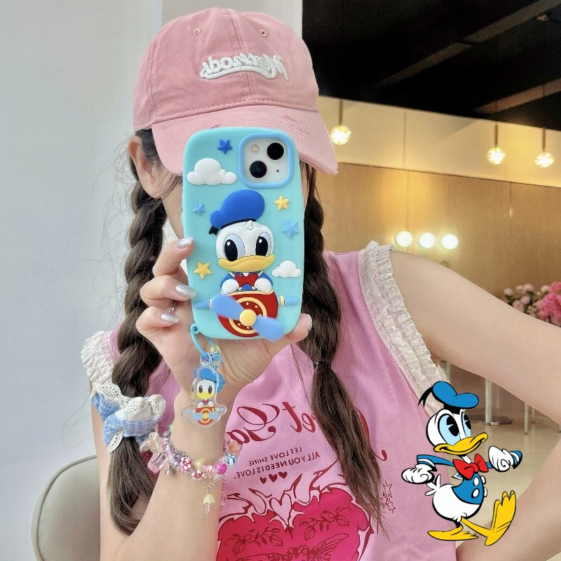 

Disney Donald Duck Phone Case for Iphone 14 15 16 Pro Max with Chain Lanyard Cartoon Shockproof Anime Wrist Strap Back Cover