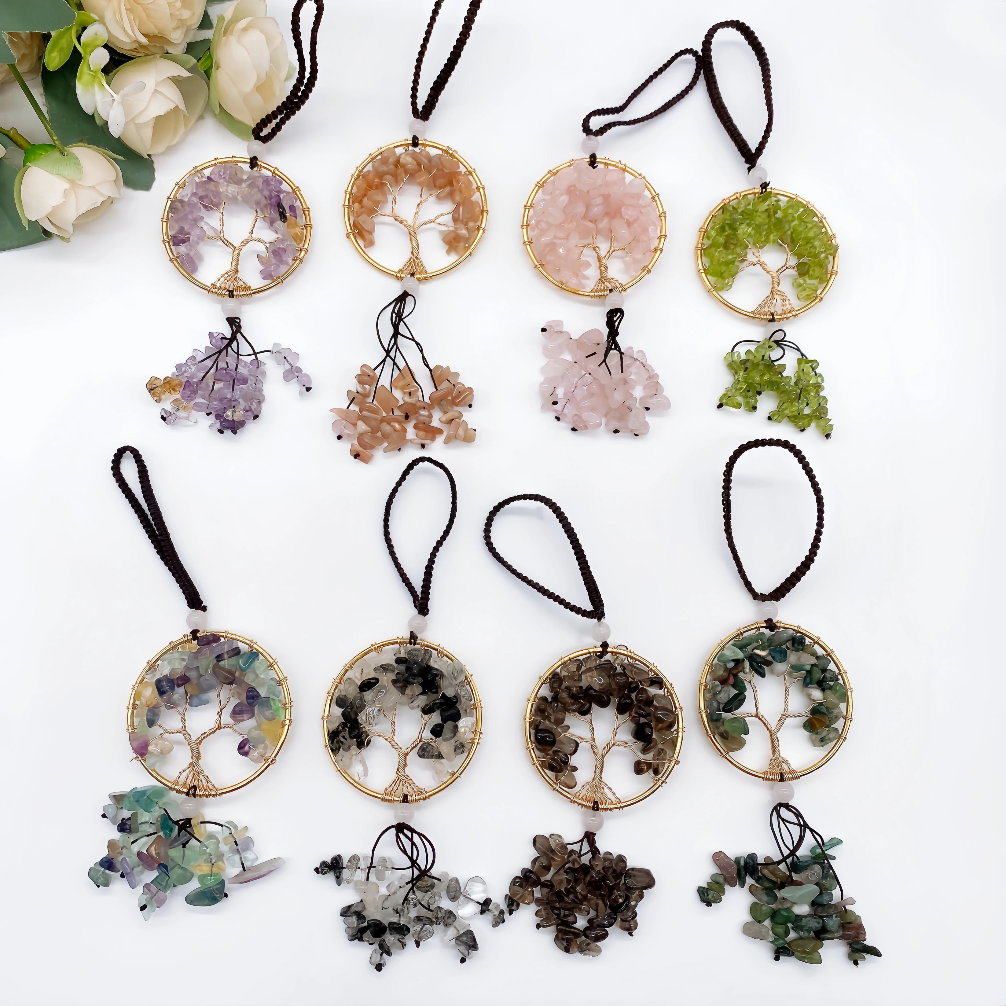 Tree of Life Dreamcatcher Natural Amethyst Pendant Crystal Quartz Stone Window Hanging Ornament for Car Wall Home Decor Gift