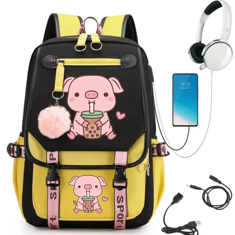 Mochila de moda para mujer, bolsa trasera impermeable, bolso escolar de dibujos animados de té de cerdo boba, mochila escolar para niña y estudiante, carga USB