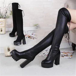 Autumn Winter Warm Leather Platform Women Long Boots Over The Knee Boots Comfort Shoes Female Thigh High Boots Botas Mujer Black