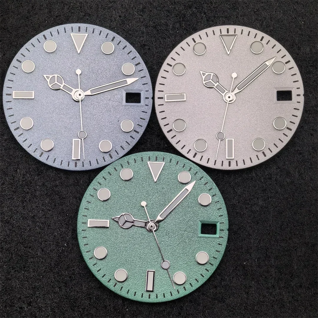 Циферблат часов NH35 и стрелки часов, костюм 28,5 мм, матовый циферблат с поверхностью, зеленые светящиеся аксессуары для часов, подходят для механизма NH35/NH36