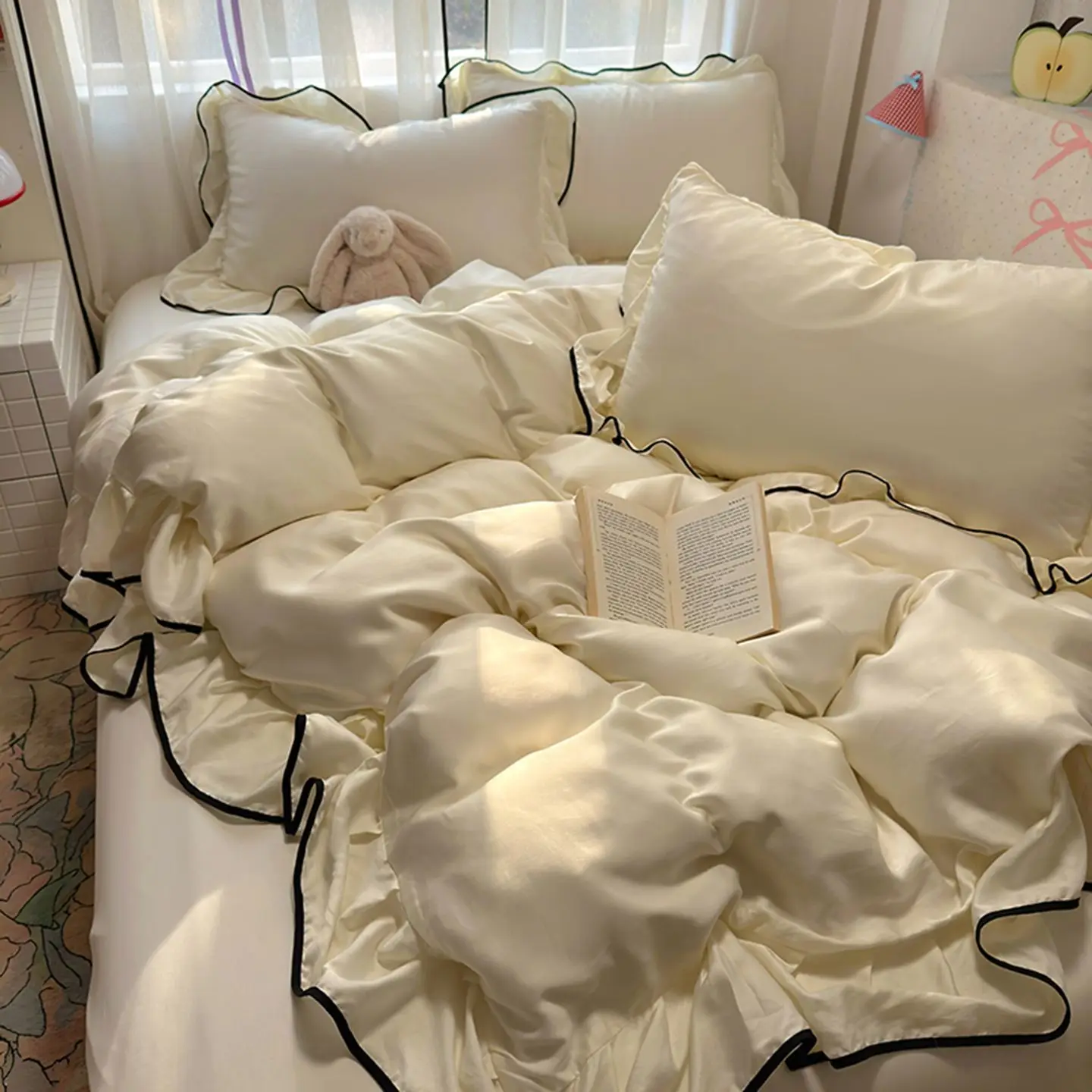 

Luxury Ice Silk Cooling Bedding Set, Summer Washable Silk 3/4 Pcs Duvet Cover/Sheet, Student Dorm Fitted Sheet