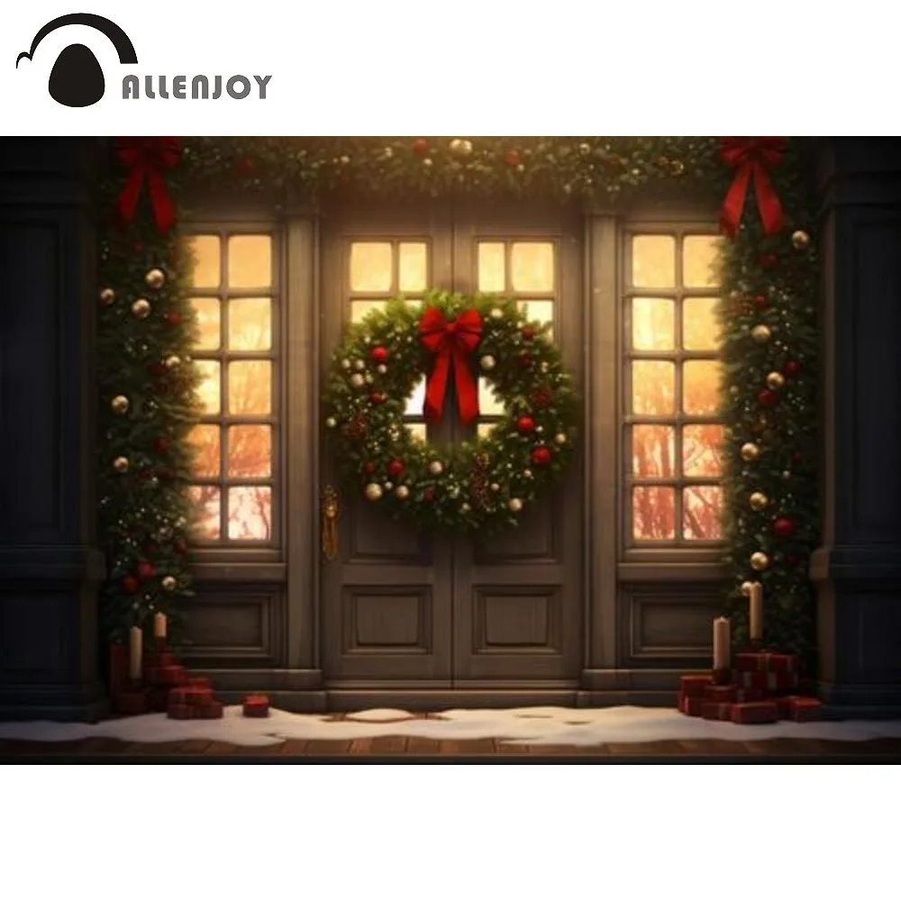 Allenjoy Front Door Decorated with Christmas Wreaths Photography Backdrop Christmas Tree Gifts Portrait Photo Background