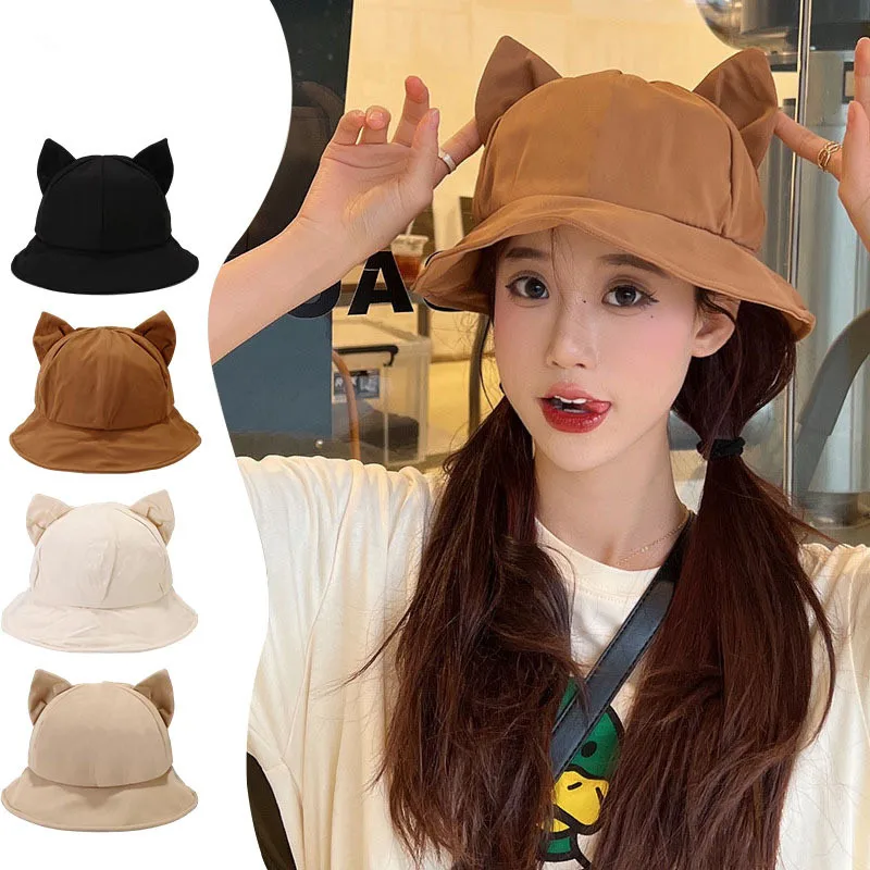 2024 Cartoon Solid Color Cotton Bucket Hat Cute Sweet Cat Ear UV Protection Beach Hat Fisherman Hat Sun Cap Kids Outdoor Travel