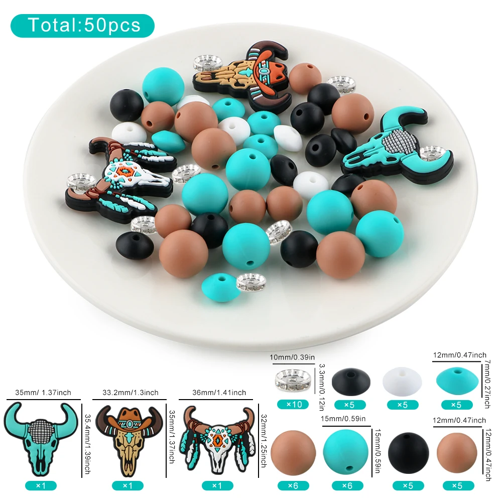 50Pcs Animal Round Silicone beads Focus Beads Set For Jewelry Making DIY KeyChain Pen Bracelet Necklace Accessories