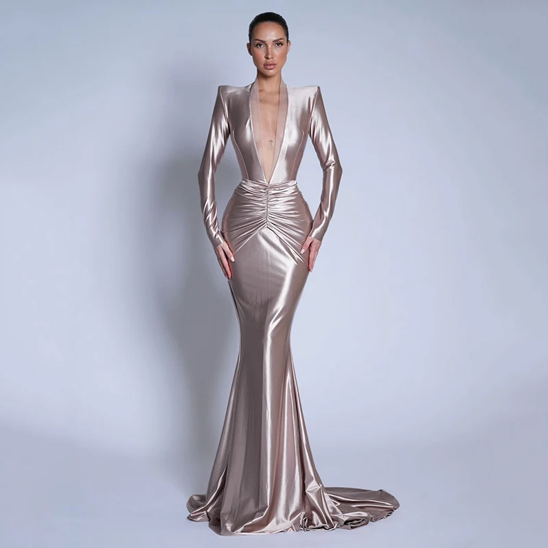 

Thinyfull Formal Maxi Mermaid Prom Evening Dresses Deep V-Neck Long Sleeve Party Dress Night Cocktail Ball Prom Gowns Customized