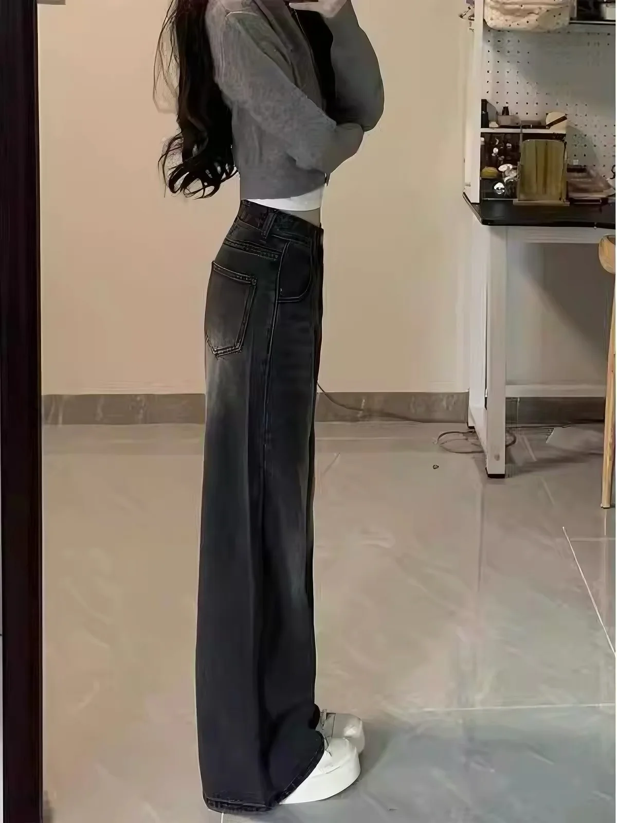 Small Size Women's High Waist Wide Leg Pants Draped Grey Black Student Floor Length Loose Fit Casual Jeans for Pear Shaped Body