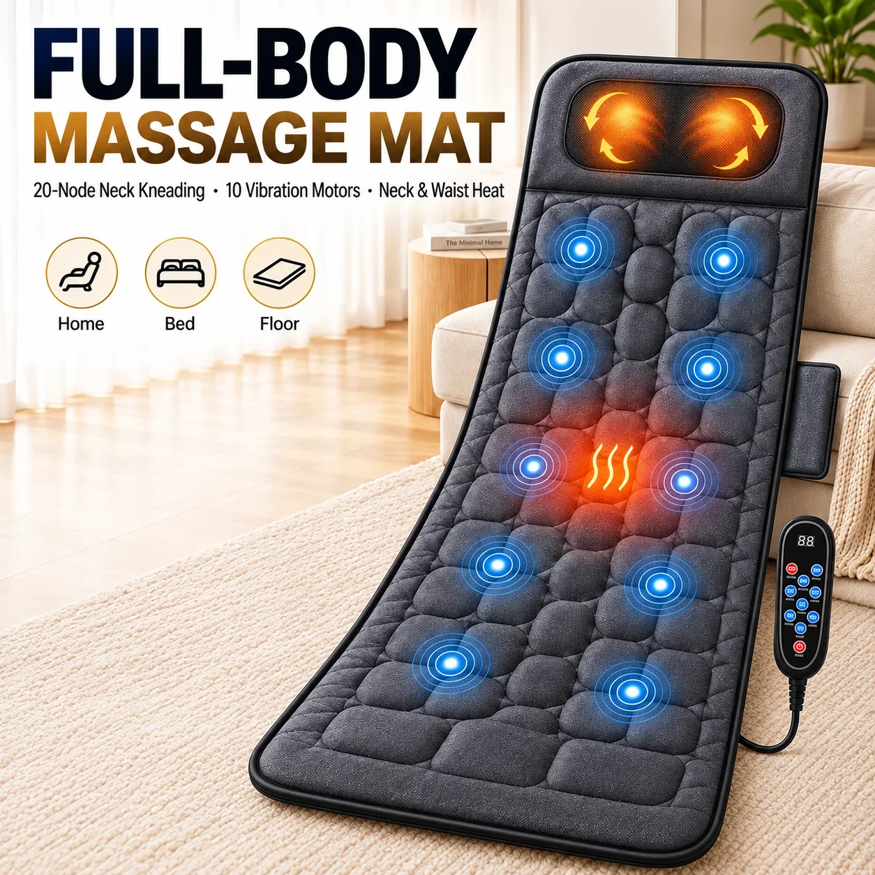Full Body Massage Mat with Heat, 10 Vibration Motors, Neck Kneading, 9 Modes, Foldable Electric Massage Mattress