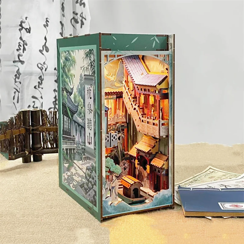 DIY ブックヌック 木製ミニチュアモデルキット 山と海のワンダーランド ブックエンド 3D パズル 友人への誕生日プレゼント