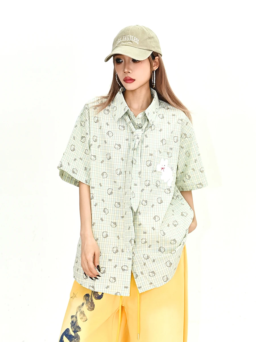 

Женская свободная рубашка с коротким рукавом Lazy Cartoon Dopaamine в японском ретро-стиле, топ для пар, уличный стиль, кардиган с отложным воротником