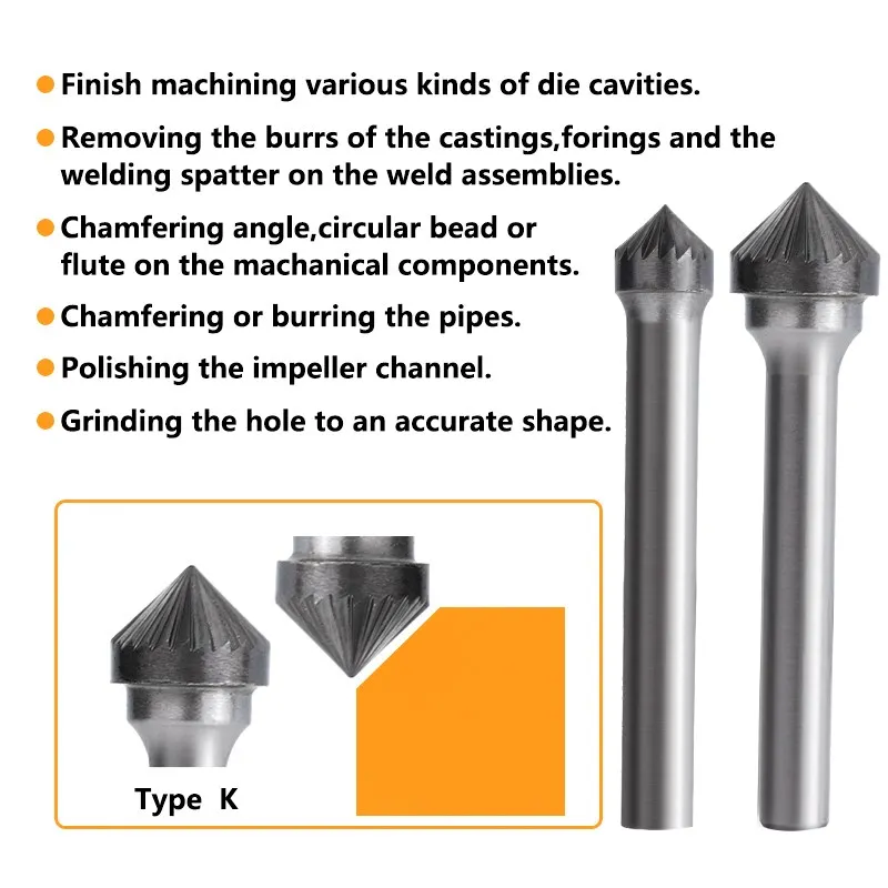 XCAN Rotary File Burrs 6mm Shank Single Cut Carbide Burr Bit Type K Rotary Milling Cutter for Metal Woodworking Tool