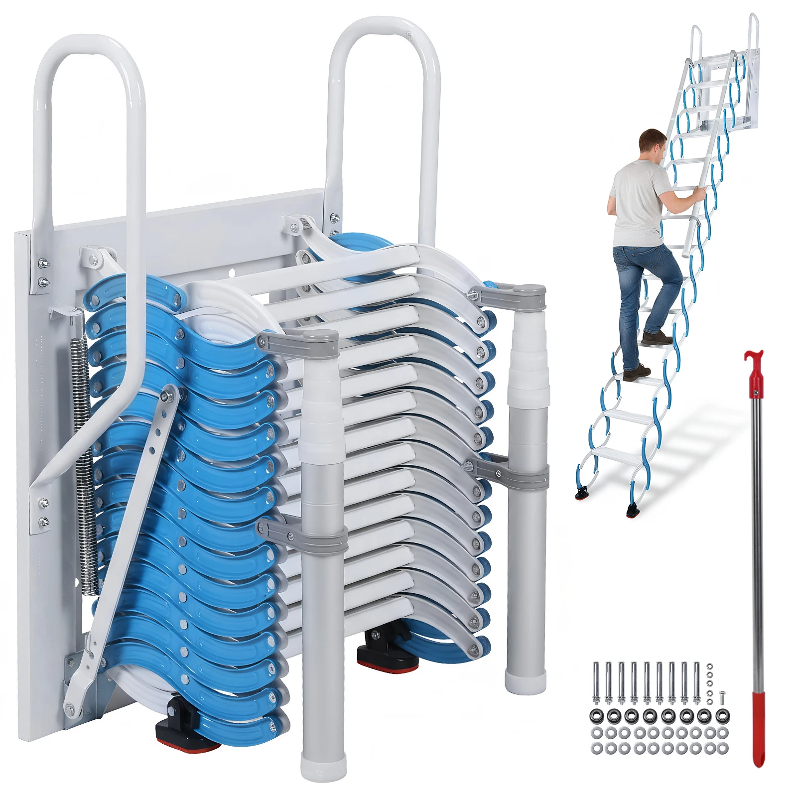 

Ceiling Mount Attic Ladder Pull Down Access Ladder Adjustable Tilt Angle (60°/65°/70°) Manganese Steel for Rooftops Basements