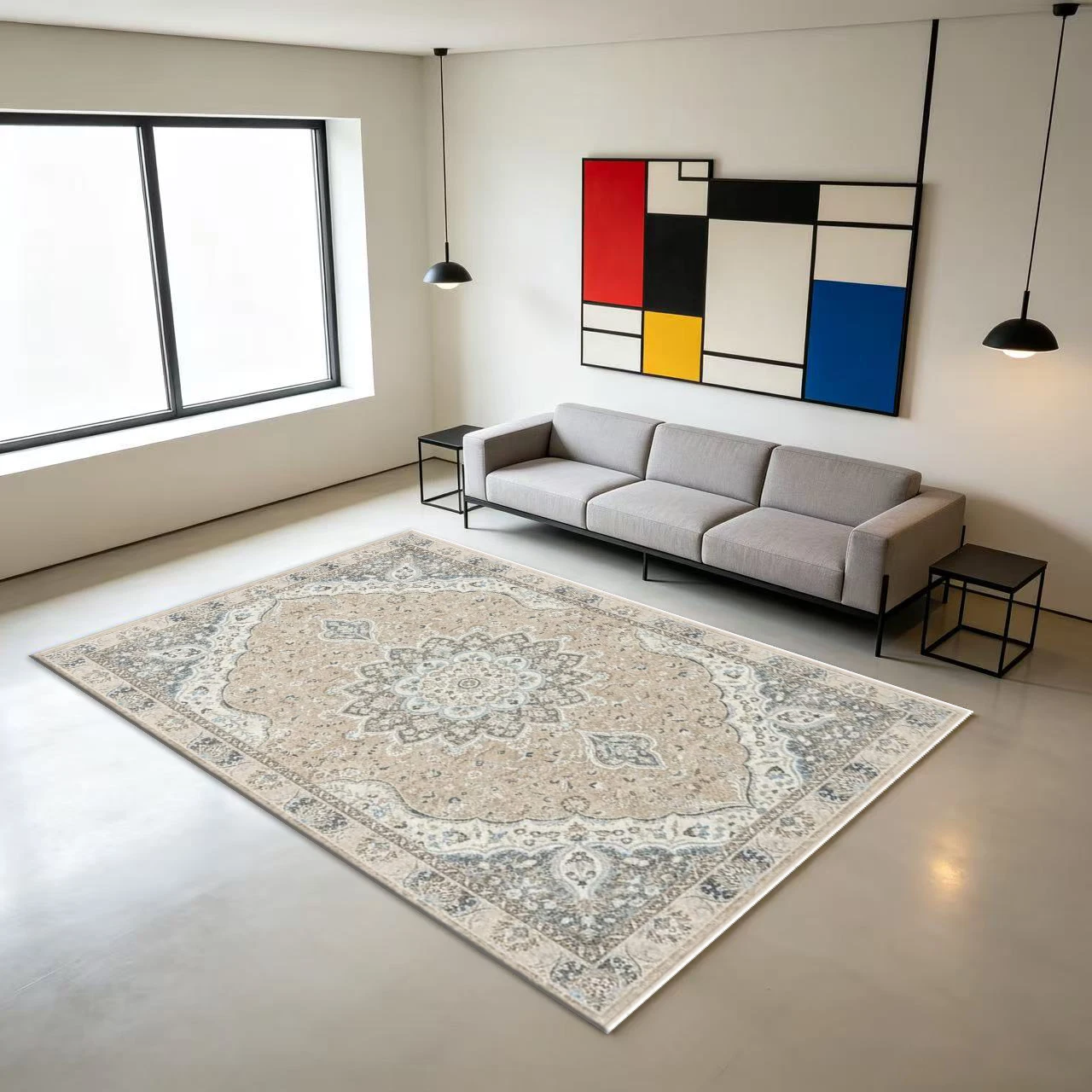 Beige Floral Medallion Square Area Rug Vintage Traditional Printed Floor Carpet for Living Room Bedroom Home Decor