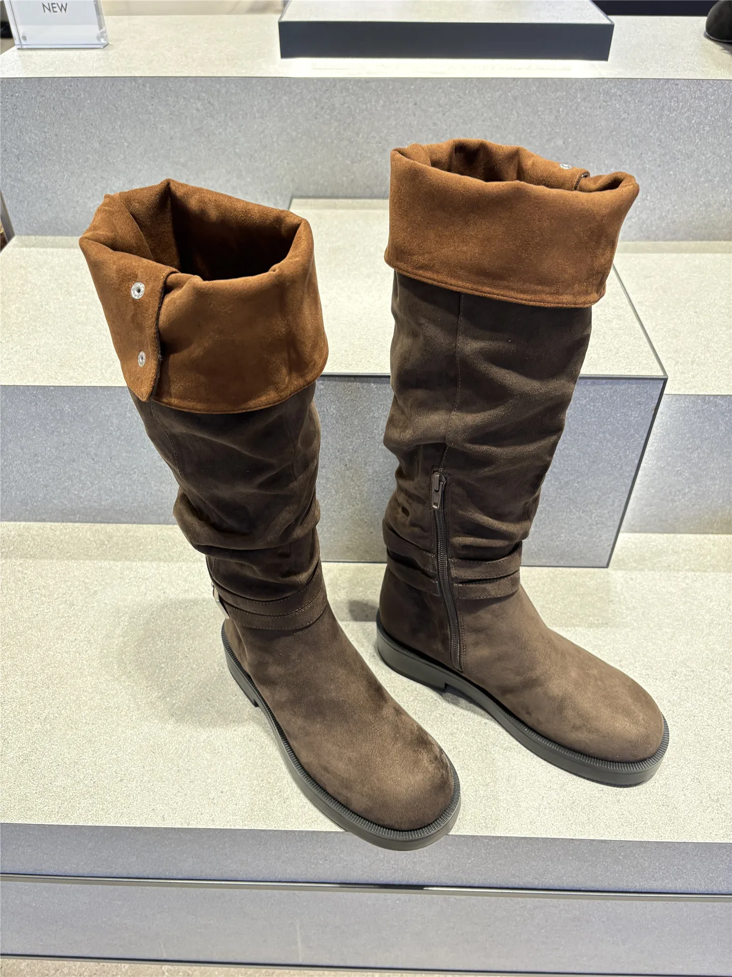 Fall Buckle Strap Long Boots Round Head Thick Heels Women Shoes Fall Dress Knee High Botas Zapatos Mujer