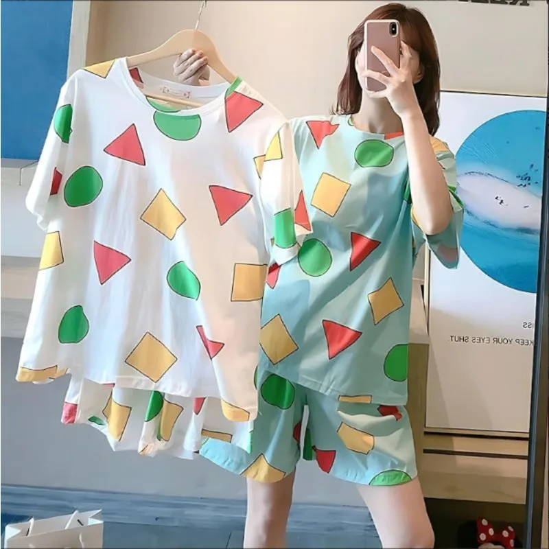 반팔 잠옷 여성 여름 만화 귀여운 기하학 잠옷 Homewear 캐주얼 풀오버 셔츠 Ladies Sleepwear Loungewear