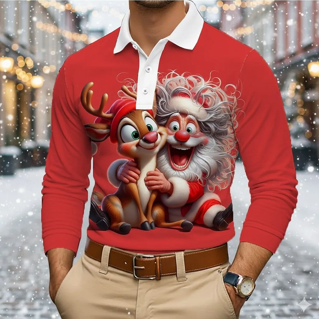 عيد الميلاد الرجال قزم قمصان بولو جولف طويلة الأكمام Polos قميص موضة التلبيب طوق قميص عيد الميلاد عادية حفلة عطلة رجل الملابس #2