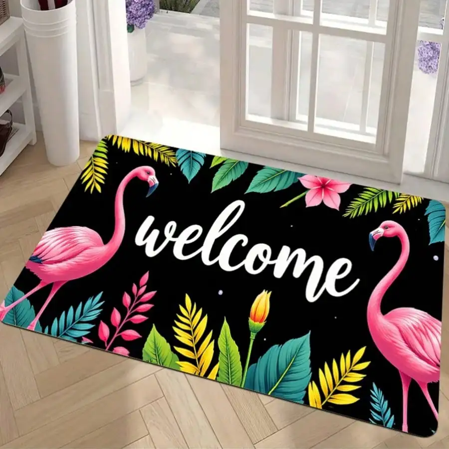 Newest Beach Flamingo Welcome Doormat, Ocean Palm Leaf Entrance Rug for Outdoor Front Door Porch Home Decor