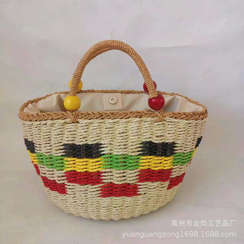 Plaid Decorative Bucket Straw Bag for Girls Women's Holiday Leisure Woven Straw Basket Storage Organizers Photo Props Bag