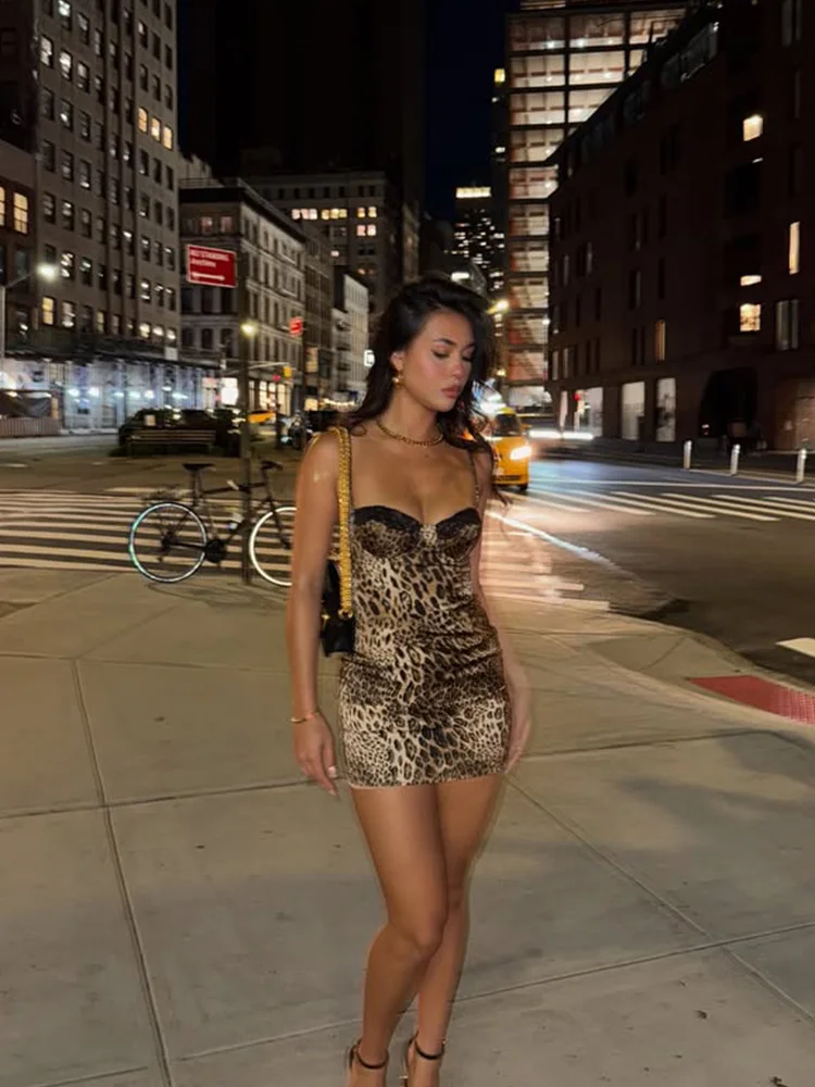 Abiti patchwork leopardati in pizzo per le donne Moda Clubwear sexy Cinghie senza maniche Guaina Hip Wrap Mini Abiti Abiti Donna Slim