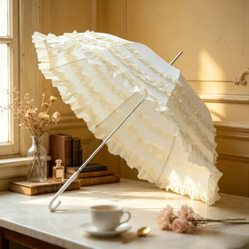 Layered Lotus Leaf Lace Princess Umbrella Heavy Sewn Edge Lolita Parasol for Cosplay Outfit Photography Gift Daily Use 레이스 양산
