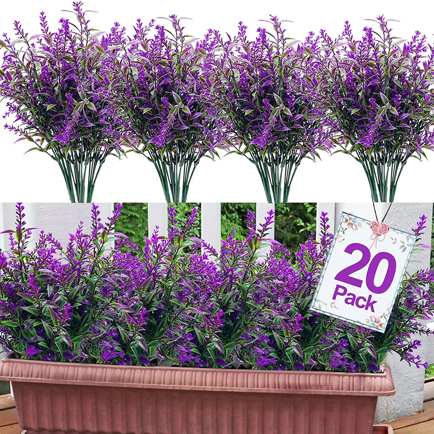 

20 Bundles Lavender Artificial Flowers Outdoor UV Resistant Plastic Plants for Outside Window Box Hanging Planter Home Porch