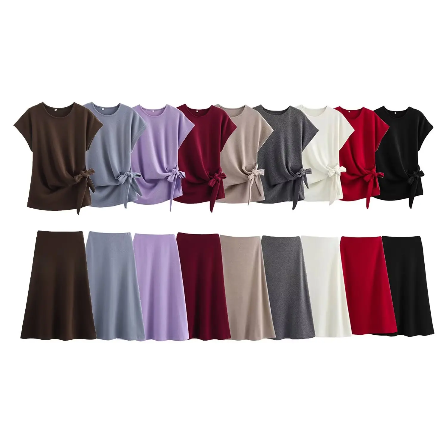 

TRAFZA Women knitted Midi Skirt Sets Bow O-neck Short sleeve Knit Top For Women 2 Pieces Elegant Comfortable Suits