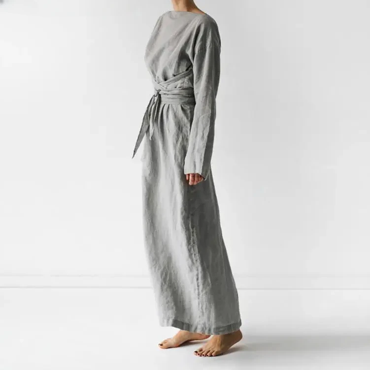 Abiti in cotone abito lungo donna Casual O collo manica lunga grigio tinta unita pieghe forcella divisa Designer di marca Maxi abiti 2023