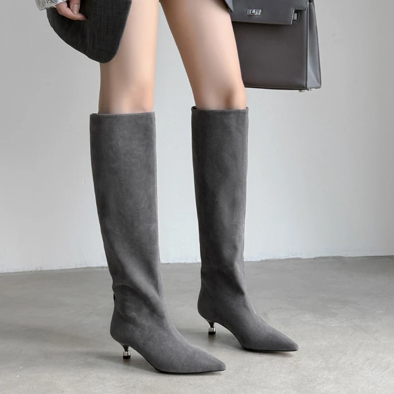 2025 Winter Street Style Spitz Kniehohe Stiefel Frauen Low Heels Schuhe Weibliche Lange Booties Zapatos De Mujer