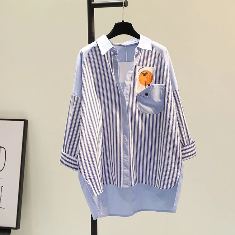 Spring And Autumn New Korean Fashion Blue Vertical Stripe Color Matching Single Pocket Casual MiddleLong Shirt Women's Dress