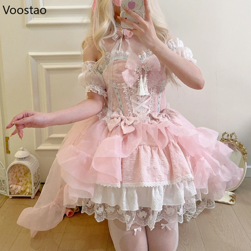 Sweet Cute Lolita Princess Dress Women Elegant Kawaii Lace Ruffles Bow Slim Dresses Girls Harajuku Y2k Evening Party Mini Dress