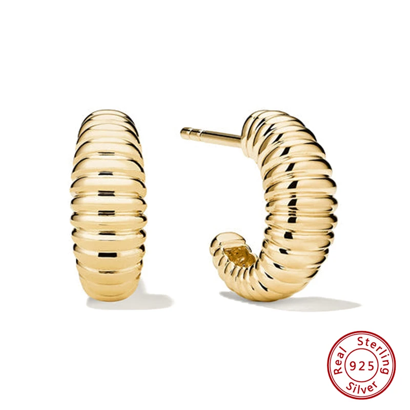 

Серьги из стерлингового серебра 925 пробы, оригинальные сертифицированные серьги-гвоздики C-образной формы с полосками и складками для женщин, бесплатная доставка, ювелирные изделия