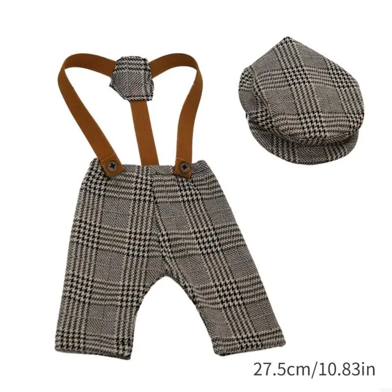 D5QA Uroczy strój dla chłopca dla niezapomnianych zdjęć Kombinezon w kratkę z zestawem kapeluszy prezentowym