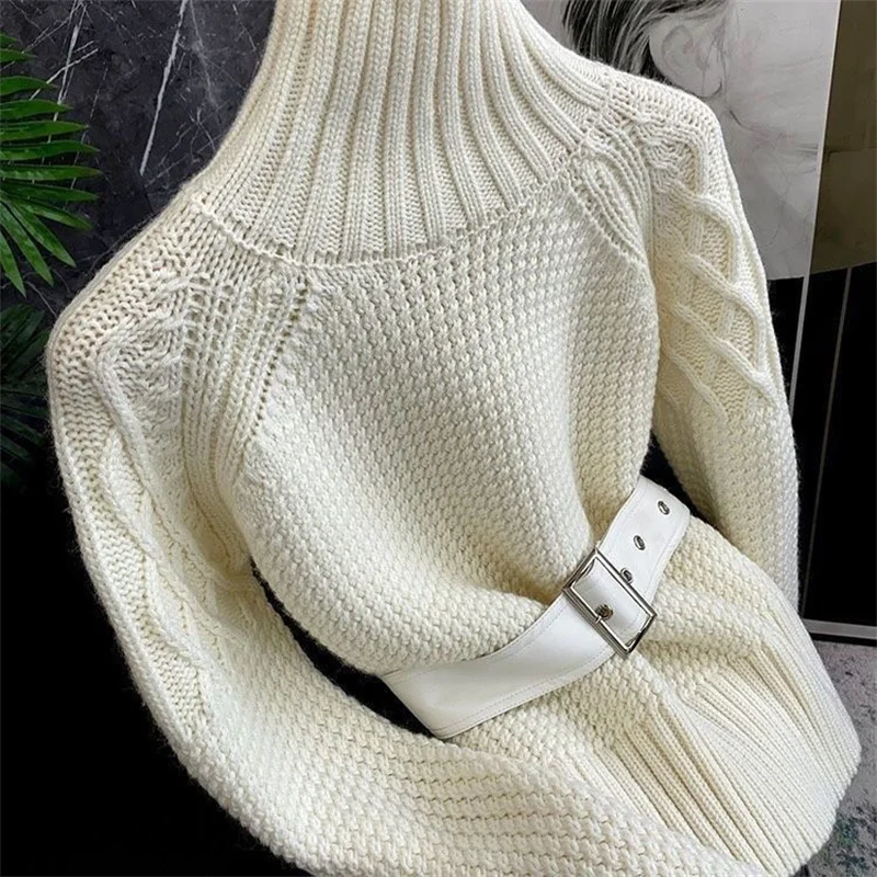 

Свитер с высоким воротом, пуловер, топ, осень-зима 2022, новый вязаный свитер кофейного цвета, свитер с грубой иглой, женский трикотаж, соответствующий пояс