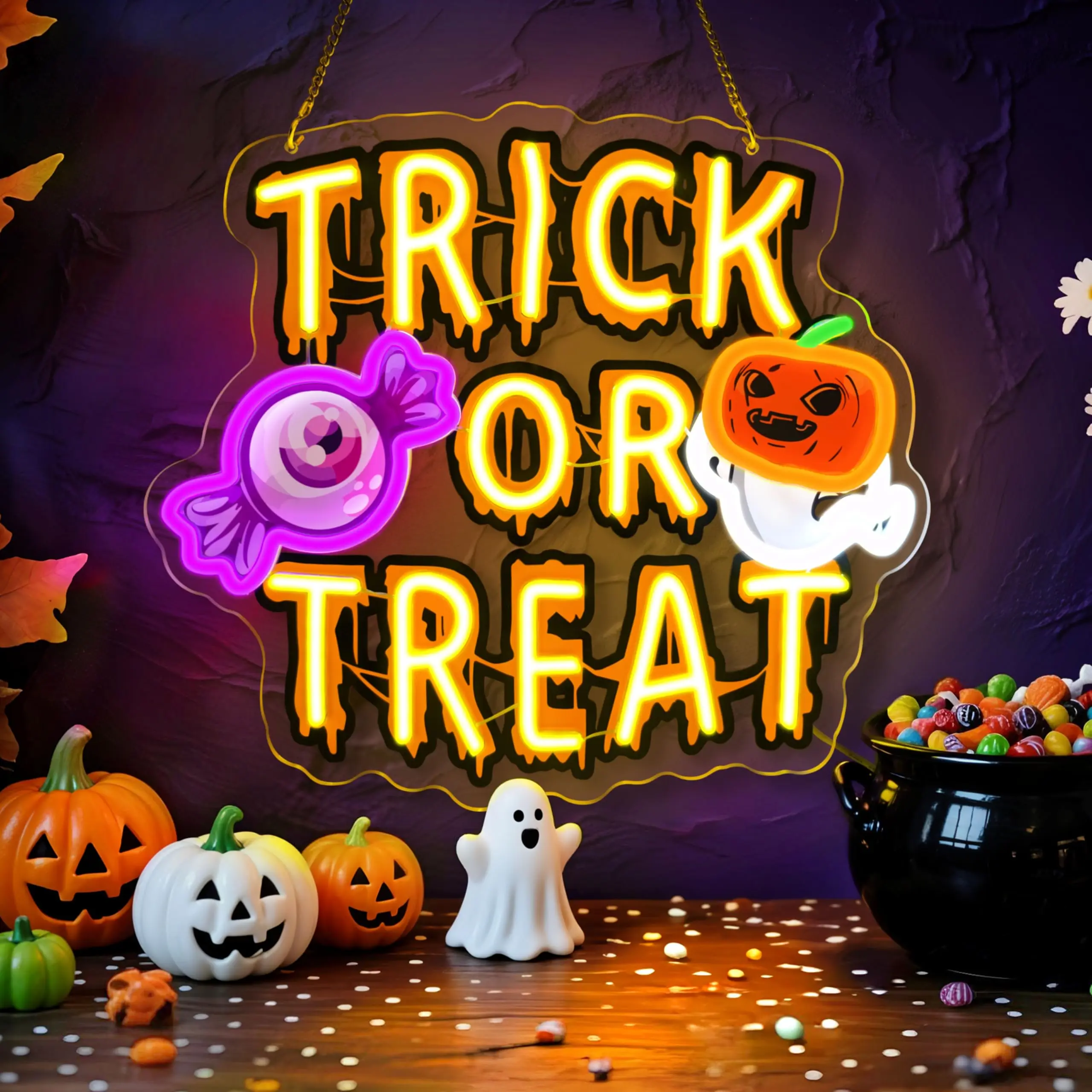 Trick or Treat LED Neon Sign for Wall Decor Halloween Party Spooky Room Bar Window USB Dimmer Switch UV Printed Wall Sign