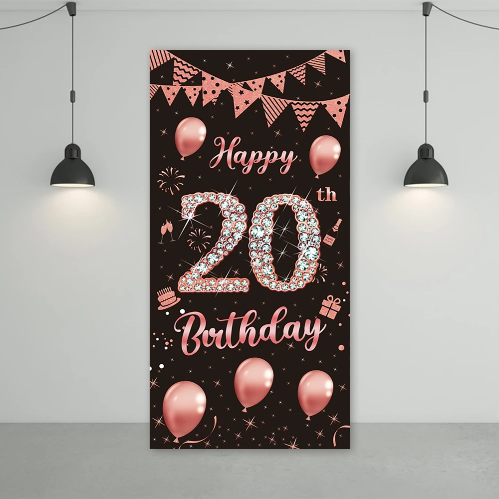 Happy 20 Birthday Backdrop Background 20th Twenty Party Decorations Girl Door Banner Black and Pink Balloons Background Vertical