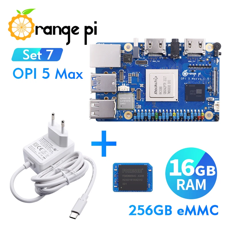 Orange Pi 5 Max 16G+5V5A Type-C Power Supply+256G EMMC Module,DDR5 RK3588 M.2 PCIE 2.5G LAN WiFi+BT SBC Single Board Computer