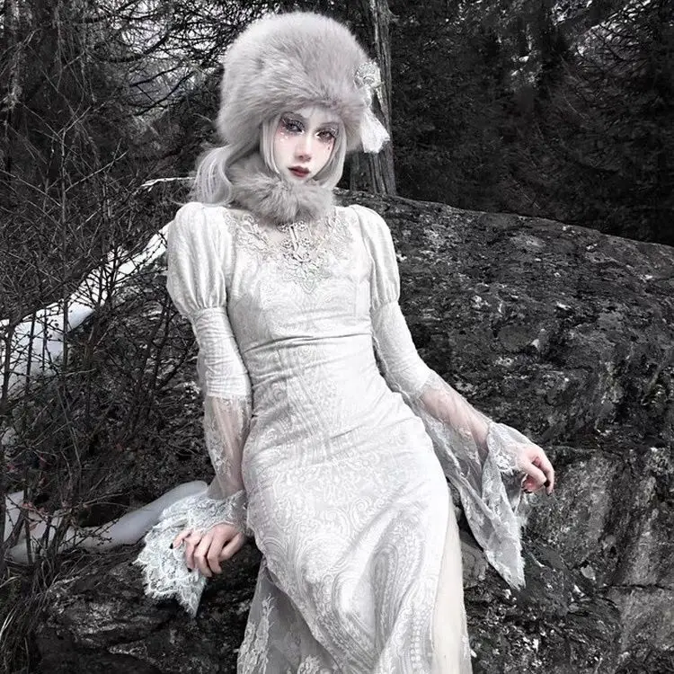 Original Gothic Velvet Fi Tail Qipao Dr loween Snow Country's Call Embroidered A-Line Skirt Long Sve Korean Sle