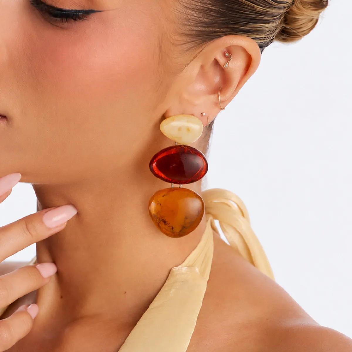 Vintage Chunky Amber Marble Resin Drop Earrings for Women 3 Tier Pebble Block Colorblock Resin Statement Earrings