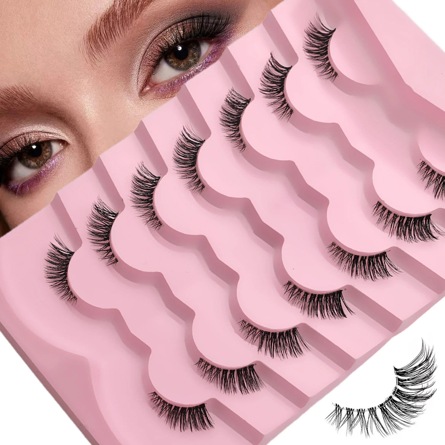 7 Paar Cat-Eye-Halbwimpern, natürlicher Look, zarte künstliche Nerzwimpern, weiches, transparentes Band, unsichtbar, leicht, wiederverwendbar, Fox-Eye-Effekt – Detail 1