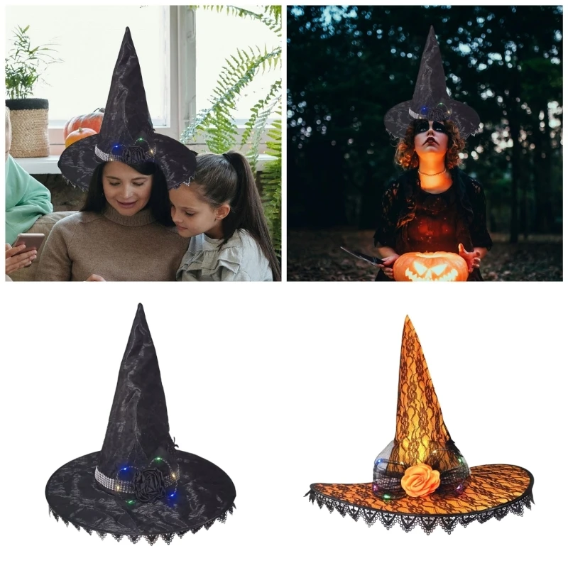 Light up Witch Hat Halloween Costume Accessory for Halloween Party Lace Flower Hat Elegant Headwear for Masquerade