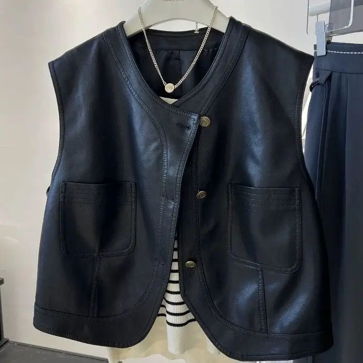 Autumn short leather vest for women 2024 new Korean style motorcycle suit sleeveless vest  jacket trendy top