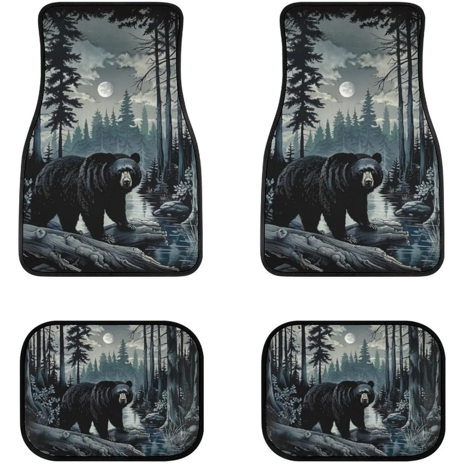 Black Bear Night Trees 4pcs Floor Mats Front And Rear Rubber Backing Carpet, Auto Foot Mats All Weather Fit Decor Accessories