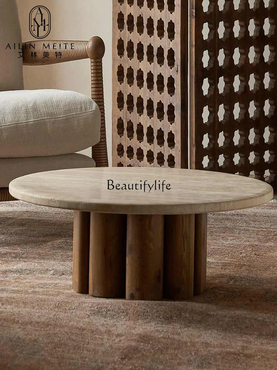 Wabi Sandy Wind Living Room Solid Wood Marble Coffee Table Simple Light Luxury Designer Small Unit Coffee Table
