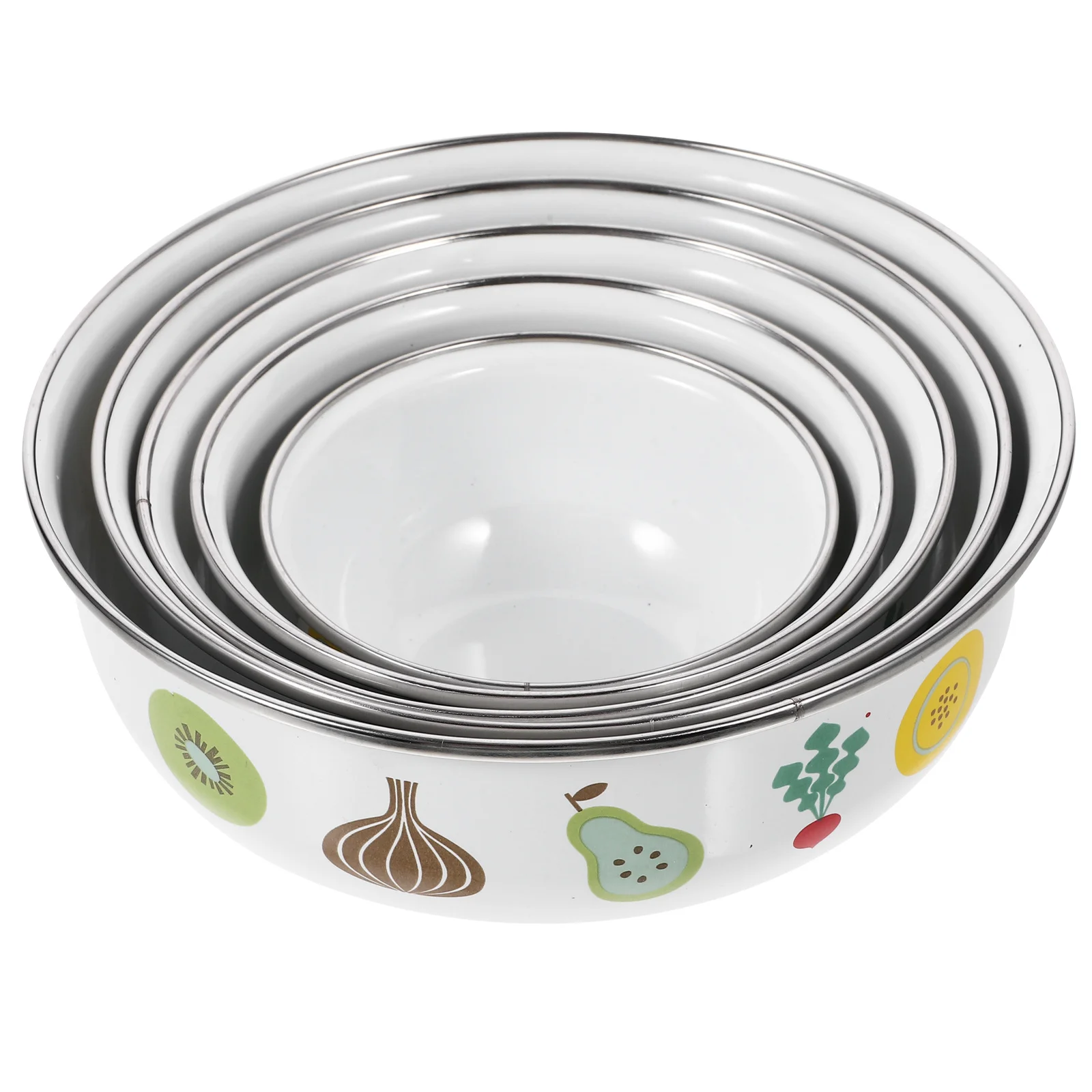 

5pcs Fresh Keeping Set Smooth Edge With Lid Portable Kitchen Salad Bowl For Home Camping Picnic Food Storage Enamelware Serving