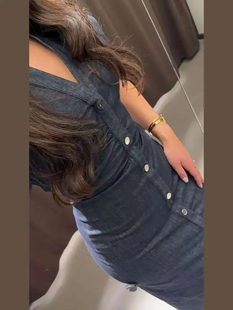 فستان ماكسي نسائي عتيق من قماش الدنيم موضة واحدة الصدر وأكمام قصيرة نحيفة طويلة فيستدوس جديد أنيق للسيدات أردية الشارع PA9Q