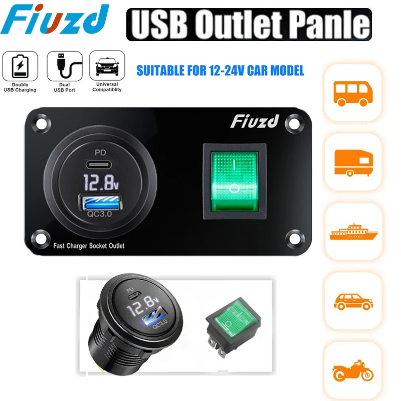 

USB Panel Dual USB Car Quicker Charger Socket Adapter QC3.0 Car Fast Charger With Switch for Bus RV Boat Car Truck