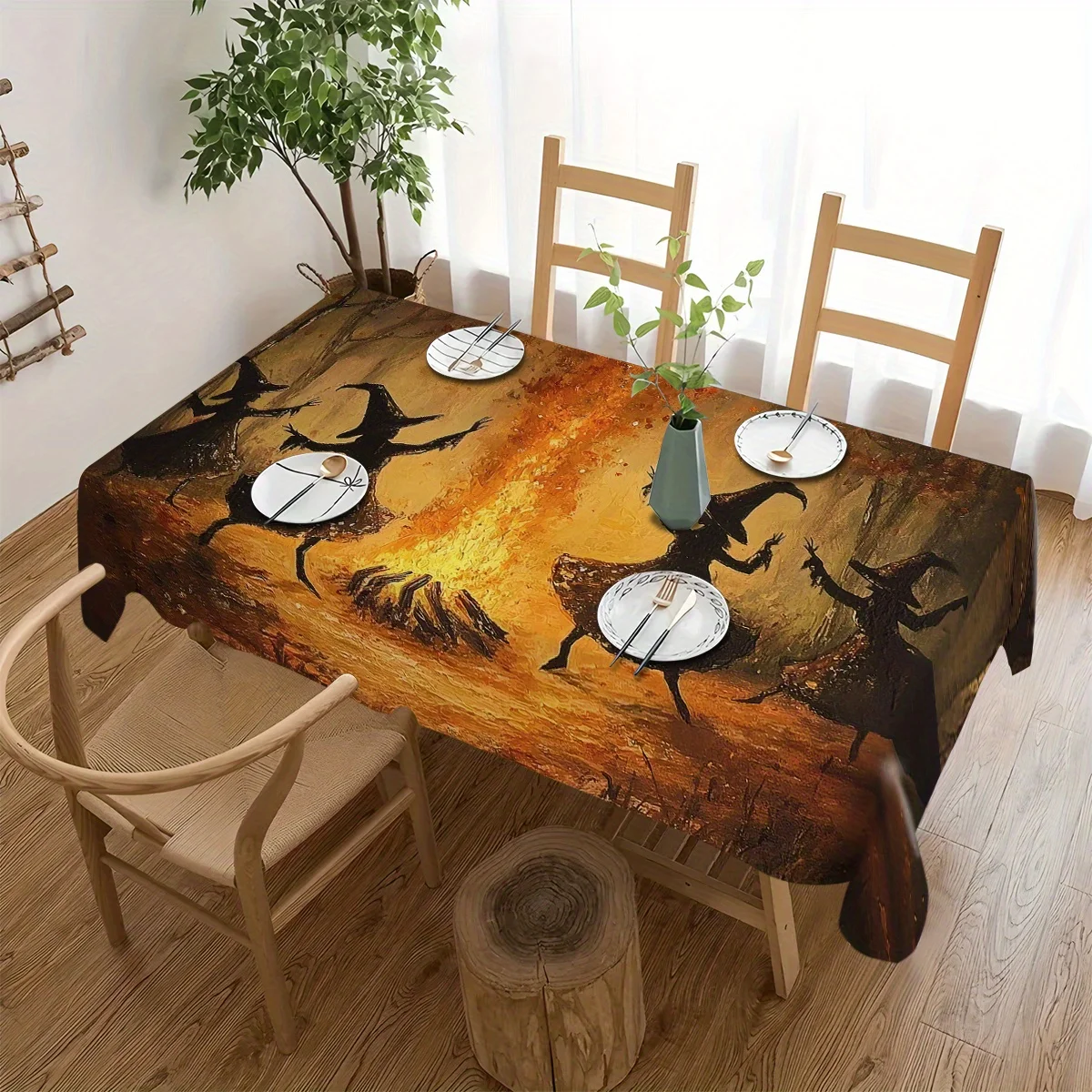1PC Creative Halloween Witch Bonfire Print Foldable and Easy-to-Carry Polyester Tableclothzyc